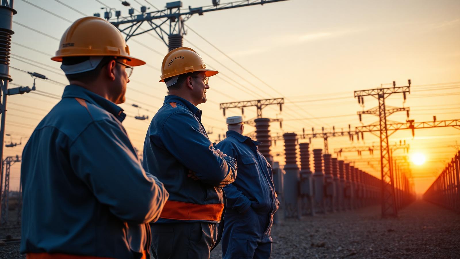 Engineers inspecting a high-voltage substation at sunset